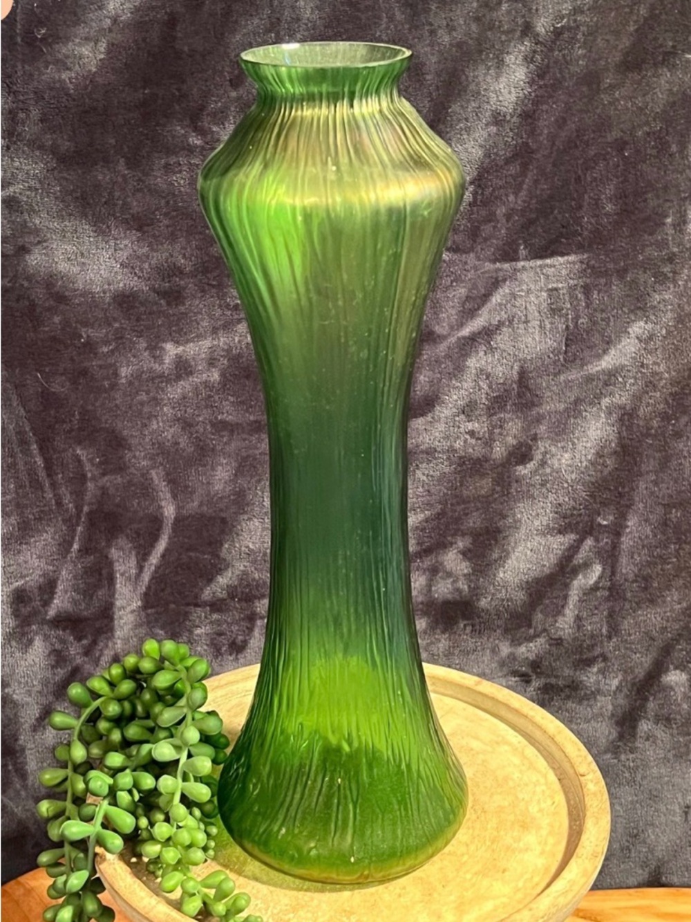 antique tall iridescent green vase; art nouveau green vase I believe it is Loetz